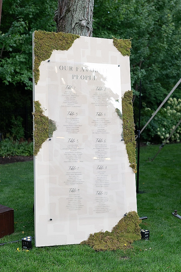 Wedding seating chart acrylic seating chart with moss accents and black push pins on a display board by a tree in a garden setting