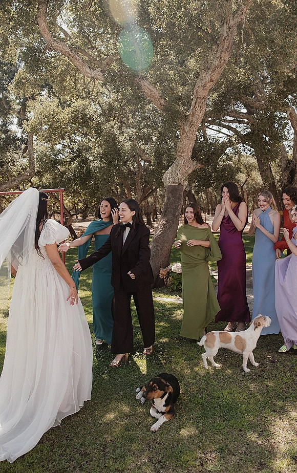 First look moment as bride in veil approaches groom in tuxedo, wedding party and dogs reacting on a sunlit garden lawn