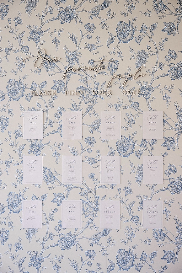 Wedding seating chart with white escort cards and raised calligraphy lettering mounted on a blue and white floral wall backdrop