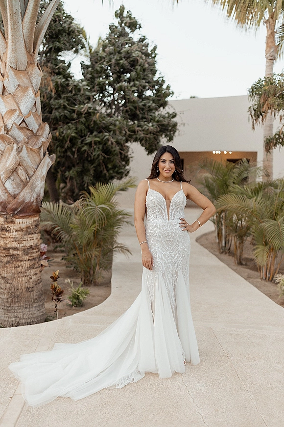 Bridal portrait of a bride posing outdoors in a lace mermaid wedding dress with a long train along a palm-lined garden walkway