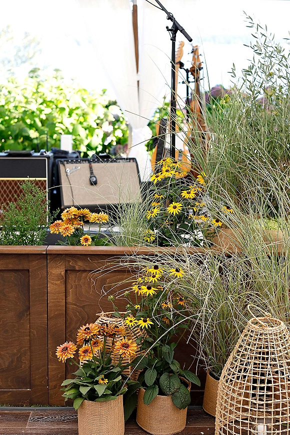 Wedding band setup with guitars, microphone stand, and amps on a wooden stage, framed by burlap planters and rattan lantern accents under a white tent drape