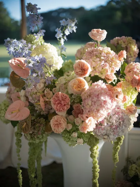 Wedding flower arrangement of pastel wedding flowers featuring garden roses, set on a sunlit lawn with white draping and trees.