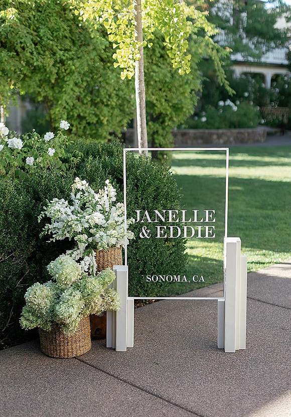 Wedding welcome sign on a white stand, clear acrylic with white hydrangeas in wicker baskets, set on a garden lawn by walkway