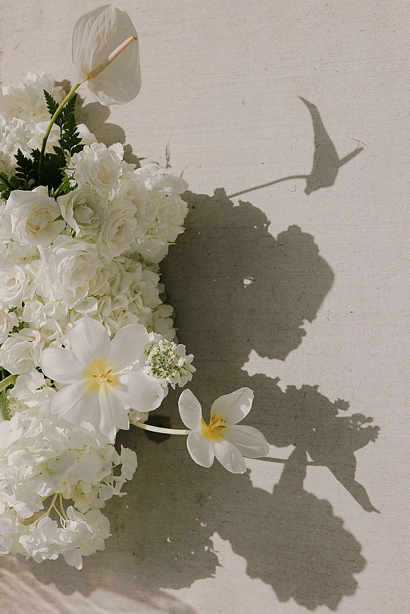 White wedding flowers arranged with white roses, hydrangea, anthurium and tulips on a stone surface with soft floral shadows