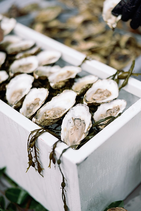 Oyster bar wedding oyster bar display with oysters on the half shell on ice, seaweed garnish, and a gloved hand at the table