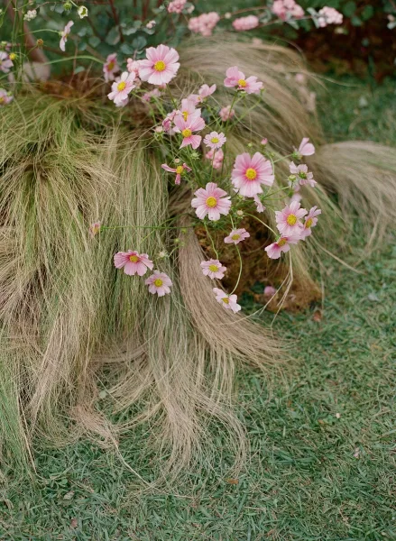 Wedding floral decor with pink cosmos wedding flowers, ornamental grass, and greenery arranged on a grass lawn with garden foliage backdrop