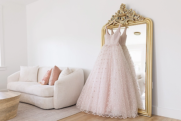 Wedding dress in blush wedding dress style with floral embroidery and tulle skirt draped over an ornate gold mirror in window light