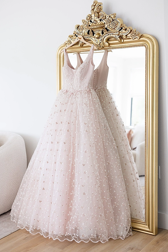 Wedding dress in blush tulle with floral lace appliqué and V-neck bodice, hanging on a wooden hanger beside an ornate gold mirror