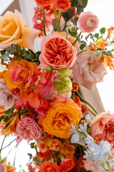 Wedding florals on a floral arch flowers display with roses and ranunculus, greenery accents, set outdoors against a bright white sky