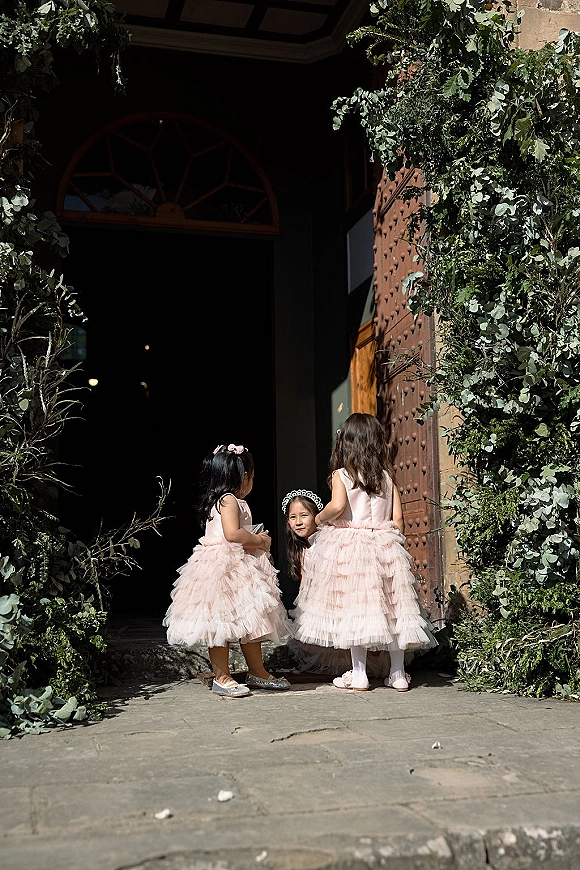 Flower girl portrait of little girls in pink tulle flower girl dresses on stone steps by an arched wooden door with greenery garland