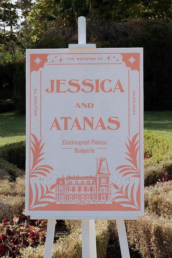 Wedding welcome sign custom wedding welcome sign displayed on an easel, with modern typography and star motifs in a sunlit garden setting