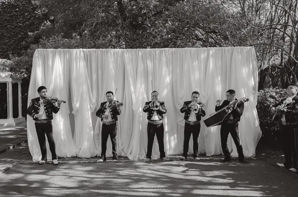 Mariachi wedding band delivering live wedding music in embroidered suits beside an ivy wall along a garden walkway.