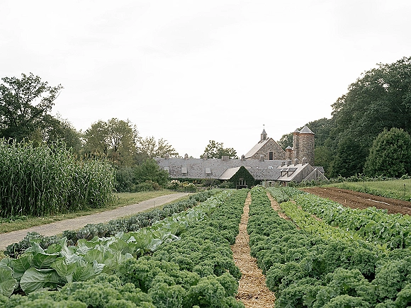 Farm venue landscape with wedding venue farm views, showing vegetable garden rows beside a gravel path and stone farmhouse, barn, and silo beyond