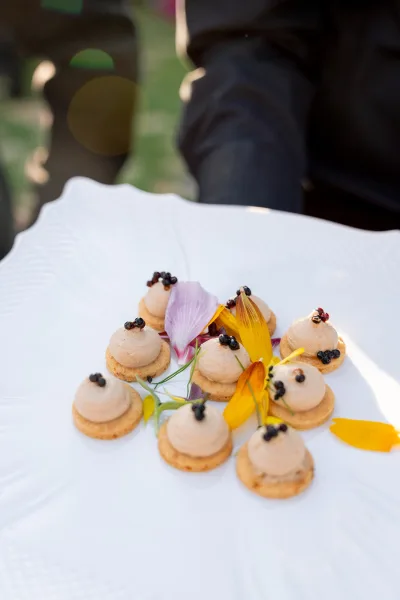 Wedding appetizer platter of passed hors d'oeuvres with piped mousse canapés, berries, and edible flower petals in sunlit outdoor setting