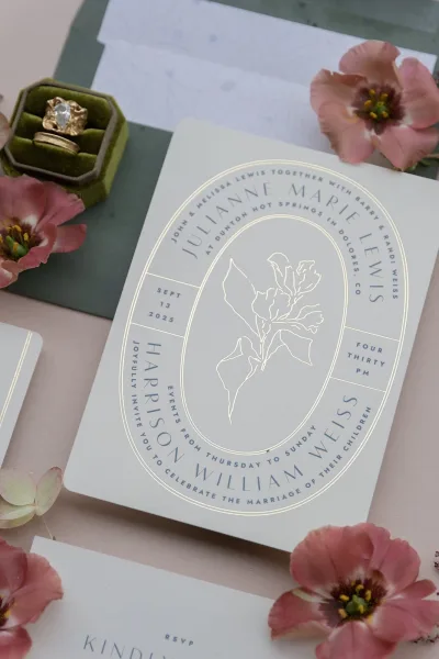 Wedding invitation suite with foil stamped wedding invitation, floral line art, rings and pink flowers arranged on pink fabric surface