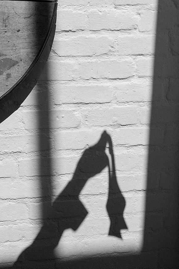 Wedding shoe photo of a single high heel casting a shadow on a white brick wall near a window and round mirror edge