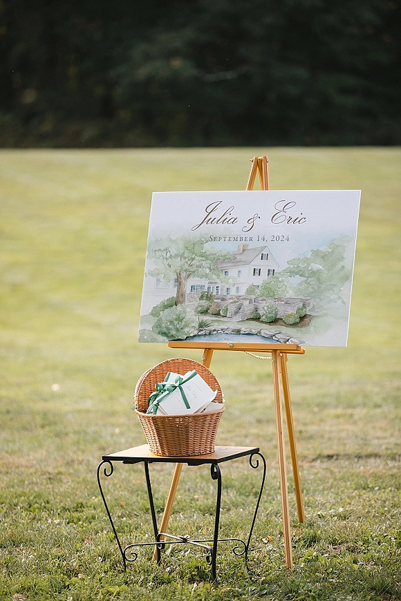 Wedding welcome sign watercolor illustration with calligraphy text on a wood easel beside a wicker basket of guest book cards on a lawn