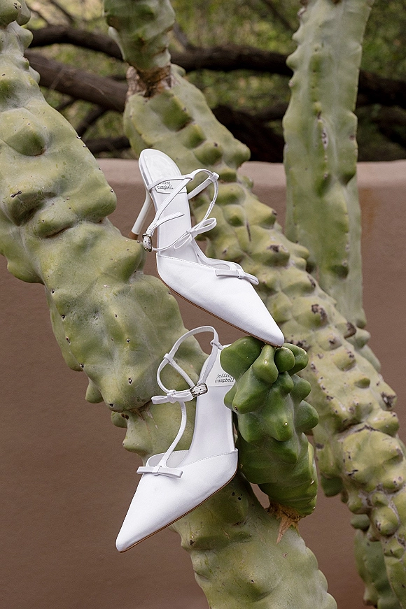 Wedding shoes and bridal heels with ankle straps and small bow details perched on a cactus against a stucco wall outdoors