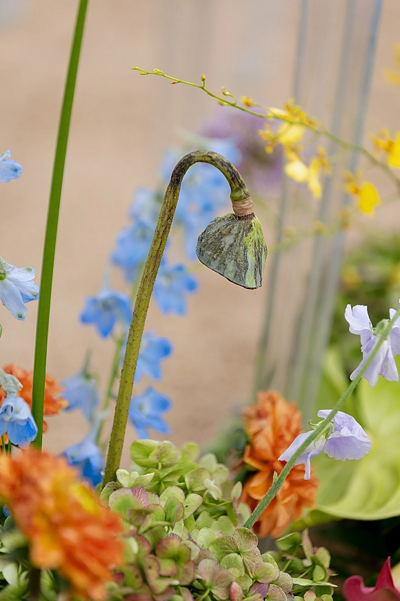 Wedding floral arrangement with colorful wedding centerpiece blooms—hydrangea, delphinium, orchid spray, garden roses, and greenery on a soft beige backdrop