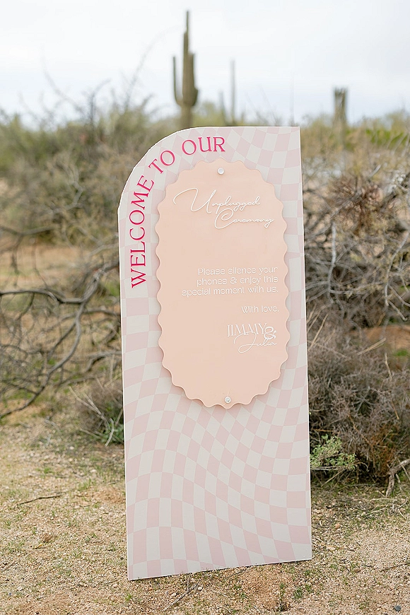 Wedding welcome sign with blush pink checkerboard acrylic and scalloped plaque, pink and white script lettering in desert landscape with cactus