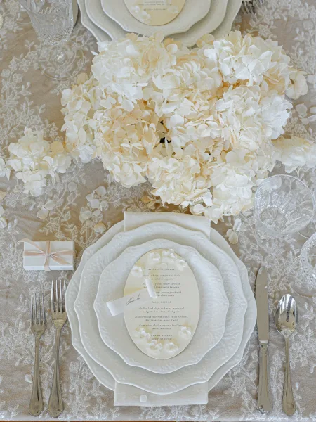 Reception tablescape with white wedding tablescape details—lace tablecloth, white hydrangeas, layered plates, silver flatware, and crystal stemware