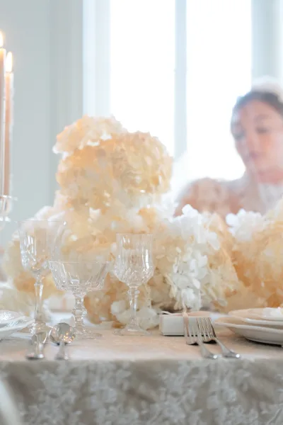 Reception tablescape with wedding table centerpiece of white hydrangeas, taper candles and crystal glassware on a lace tablecloth in window light