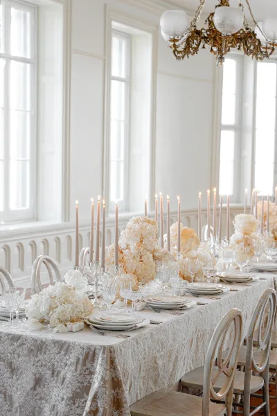 Reception tablescape with long banquet table decor featuring white hydrangea centerpieces, taper candles, and crystal glassware beneath a chandelier