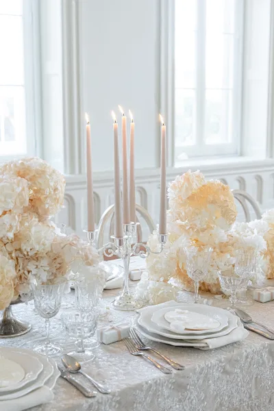 Reception tablescape with white wedding tablescape details—hydrangeas, taper candles, crystal candelabra—set by tall windows in natural light