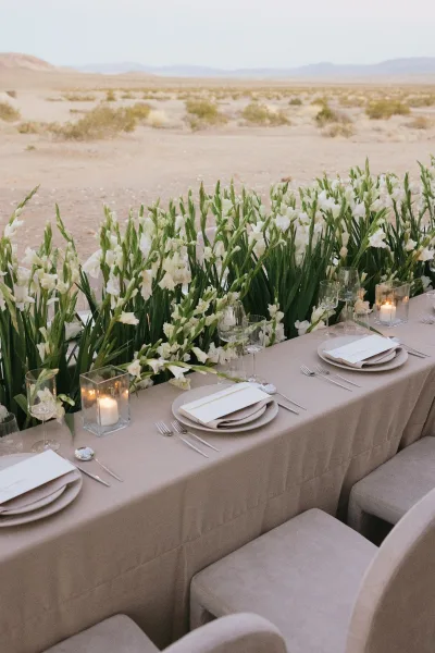 Reception tablescape with a white floral table runner and candles outdoors against a desert landscape with scrub bushes and distant mountains.