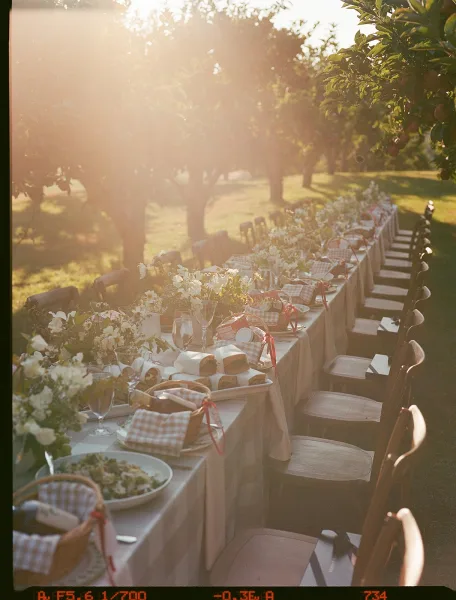 Reception tablescape with long wedding table set in an orchard, white floral centerpieces and greenery on beige linen with wicker baskets and gingham napkins