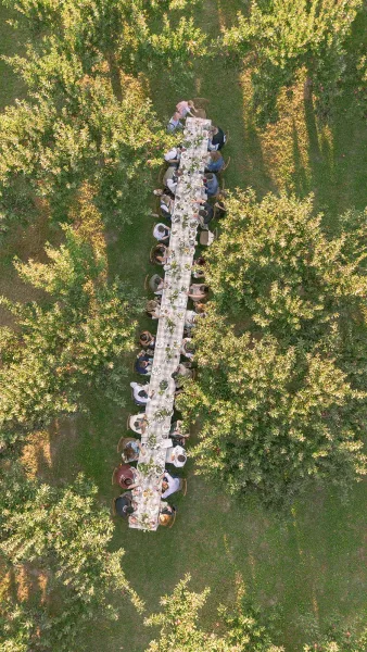Outdoor reception table with a long banquet setup of white linens, candles, and floral greenery runner on a lawn under orchard trees