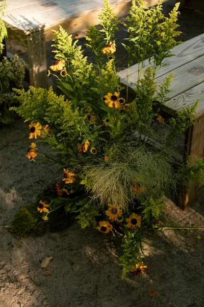 Ceremony aisle flowers and aisle ground florals in wildflower clusters with yellow daisies and greenery along a rustic outdoor walkway