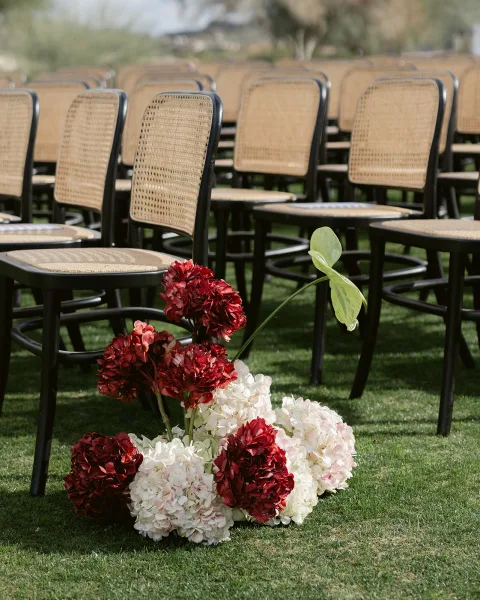 Ceremony seating with outdoor wedding ceremony chairs in neat rows on a garden lawn, accented by red and white hydrangea aisle flowers