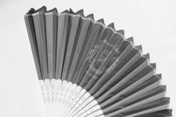 Wedding favor fan, personalized wedding hand fan with monogram and floral wreath illustration, printed wedding date on white fabric backdrop