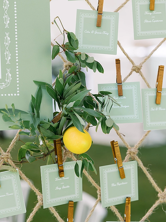Wedding escort cards clipped with wooden clothespins on a twine rope net display with greenery garland and citrus on an outdoor lawn