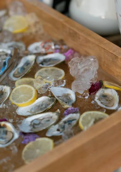 Oyster bar at a raw bar station with neatly shucked half-shell oysters, accented by vivid edible flowers for an elegant presentation.