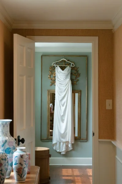 Wedding dress, a satin wedding gown, hangs from a gold-framed mirror, its clean lines and simple silhouette conveying quiet, timeless elegance.