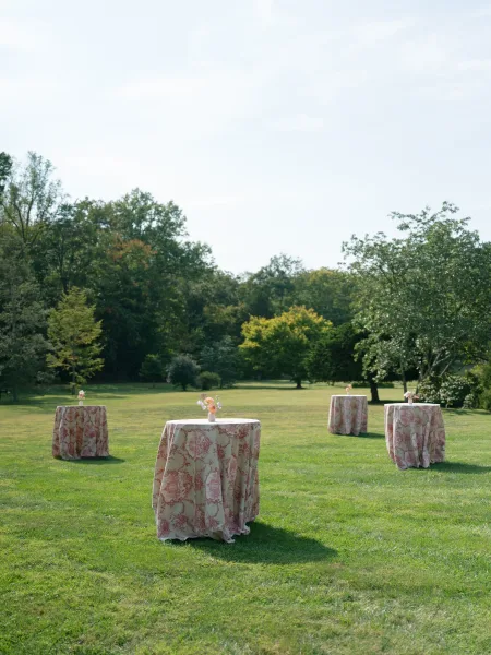 Cocktail hour setup for an outdoor cocktail hour on a grass lawn, standing tables draped in toile table linens under garden trees.