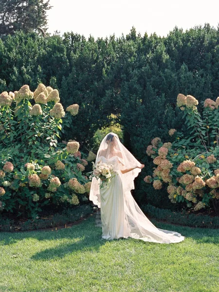 Bridal portrait of a bride with bouquet, her cathedral veil trailing softly, framed by hydrangea bushes and garden hedges on a green lawn.