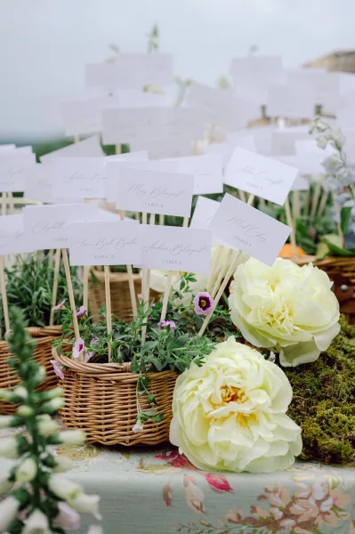 Wedding escort cards in a wicker basket escort card display with calligraphy cards on wooden sticks, moss, white flowers, and greenery outdoors