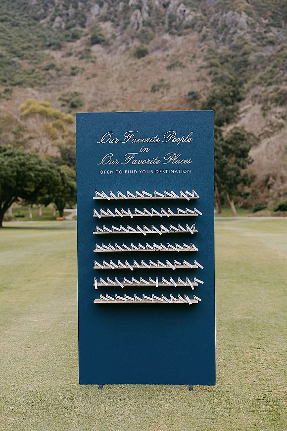 Wedding escort display with a large navy calligraphy board and clothespin place cards on wooden slats, set on a lawn with mountains behind