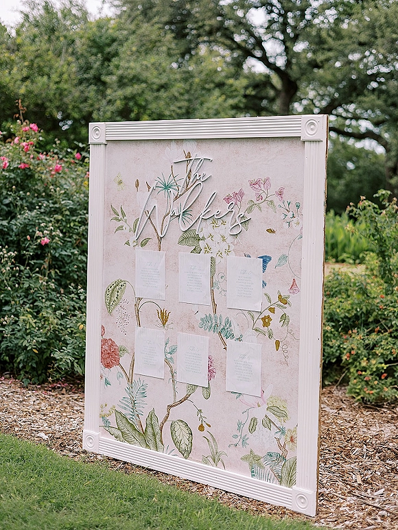 Wedding seating chart framed in a large display board with calligraphy and botanical illustrations, set beside garden greenery and shrubs