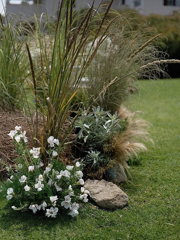 Wedding aisle flowers with white blooms and ornamental grasses arranged in low clusters along a garden lawn ceremony walkway