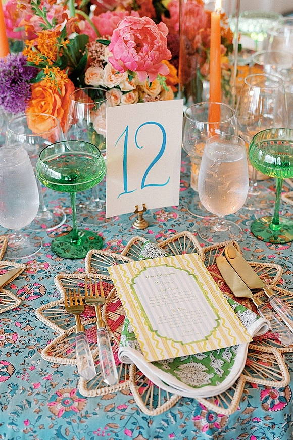 Reception tablescape with colorful wedding tablescape details, floral centerpiece and orange taper candles on a floral print tablecloth