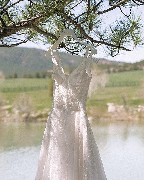 Wedding dress with lace wedding dress bodice and spaghetti straps hanging from a tree branch by a lakeside meadow with mountains behind