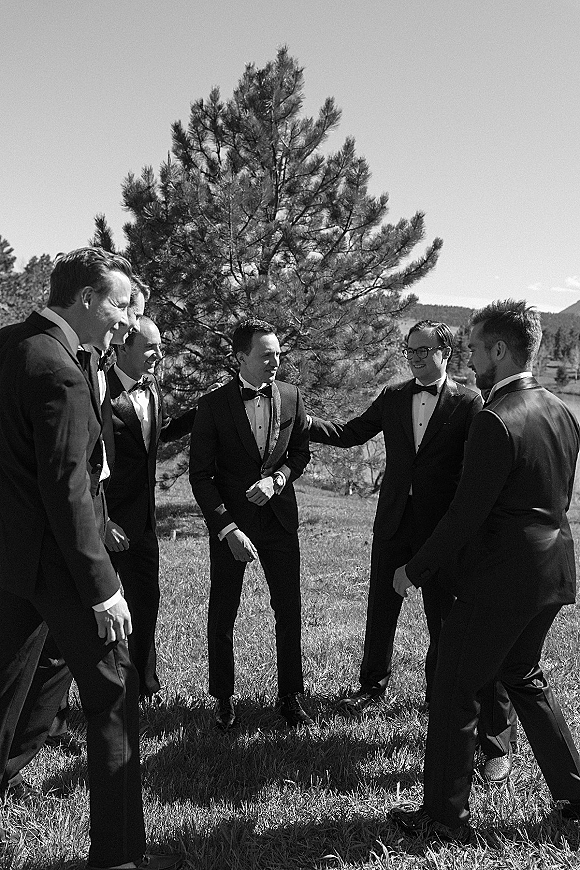 Groomsmen portrait of men in black tuxedos with bow ties and boutonnieres, standing on a grassy field with mountains behind