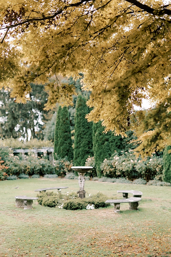 Garden ceremony spot with stone benches in a circle around a birdbath pedestal on a lawn under tree canopy and evergreens with fall leaves