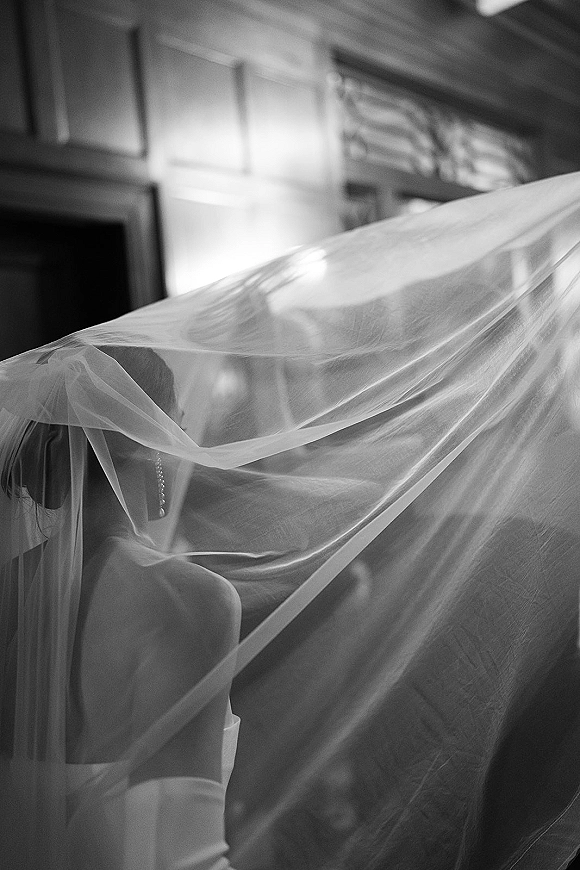 Bridal veil portrait of a bride under veil in a strapless dress with drop earrings, softly lit by a window against wood-paneled walls