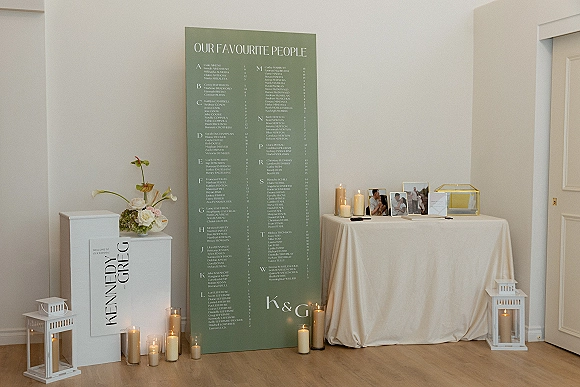 Wedding seating chart with a large seating chart board and candles beside white lanterns on a linen table against white walls and wood floor
