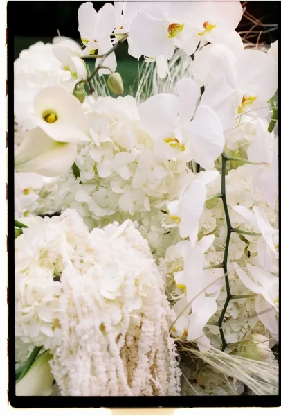 Wedding floral arrangement with white orchid wedding flowers, hydrangeas and calla lilies cascading over dried grass against dark greenery